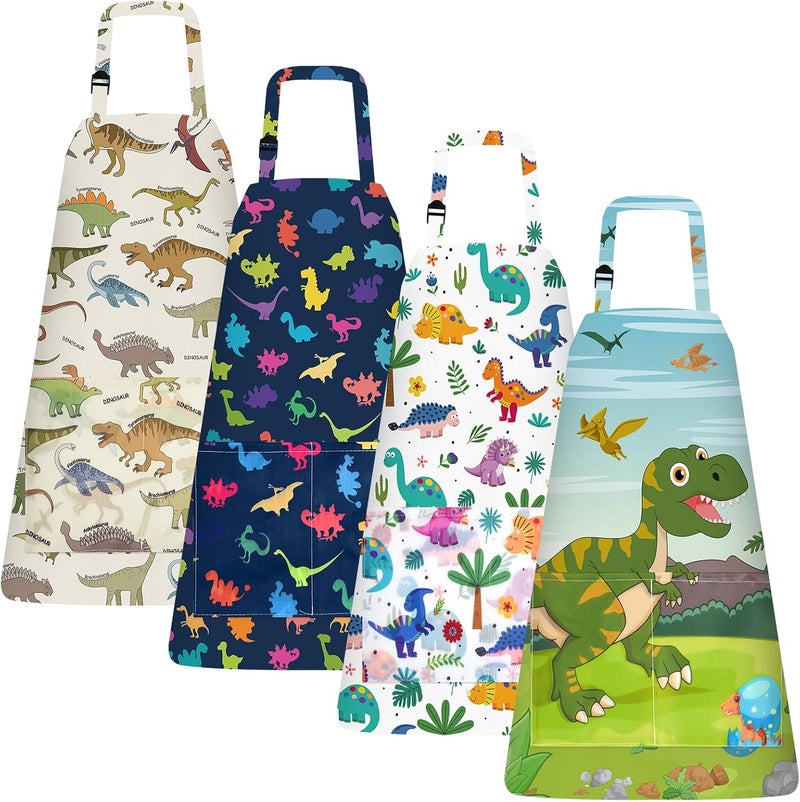 PLULON 4 Pcs Kids Aprons with Pockets Painting Apron for Kids, Dinosaur Kids Apron Adjustable Strap Dino Apron for Painting Cooking Baking Girls Boys Paint Dinosaur Party Supplies, 3-8 Years - Image 1